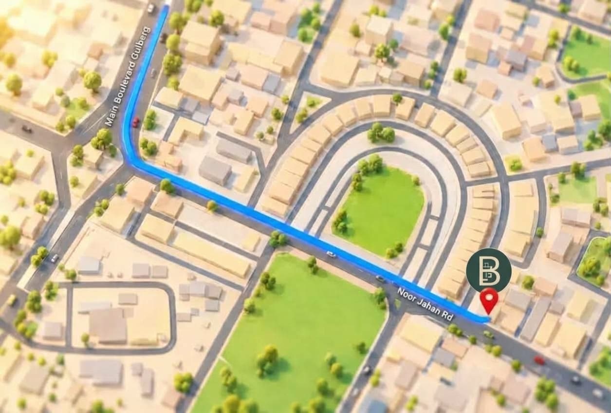 Illustrated map showing The Cubicle on Main Boulevard Gulberg and Noor Jahan Road